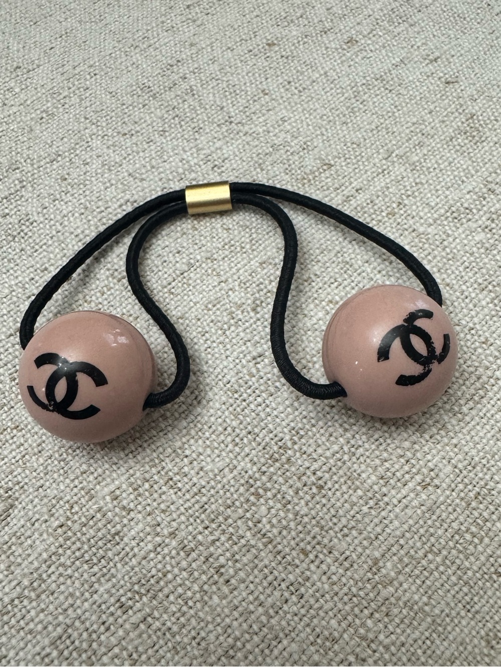 CHANEL Beige Pink Ball Logo Hair Tie